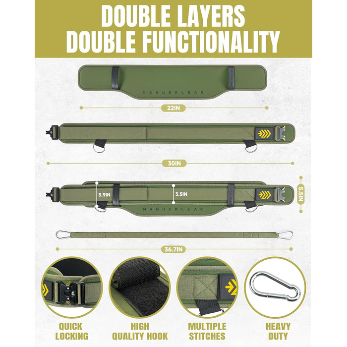 Пояс для важкої атлетики Manueklear 2-в-1 з мотузкою 92 см, подвійний пояс, пауерліфтинг, фітнес, зважений пояс для підтягувань та присідань (зелений, M (30-33 дюйми))
