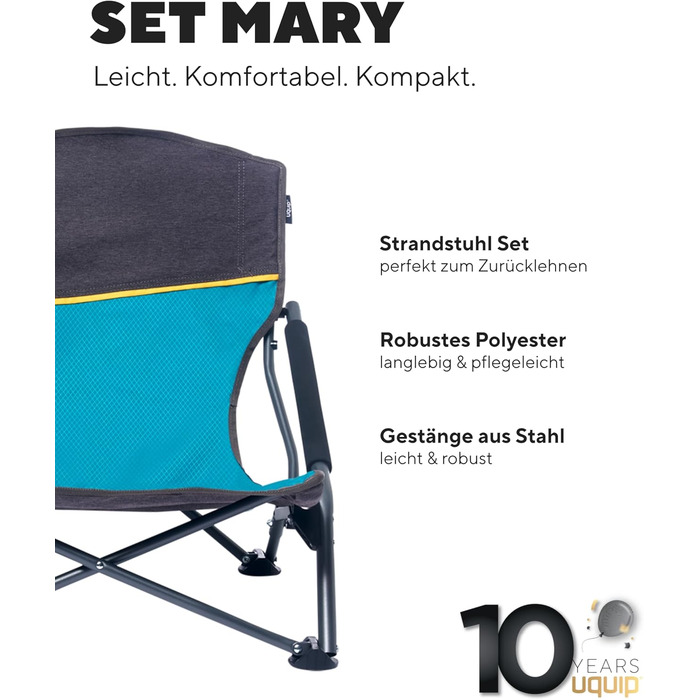 Набір складаних пляжних стільців Uquip Mary (2 шт.), петроль, сталь та поліестер, витримують до 120 кг, для кемпінгу, риболовлі та саду