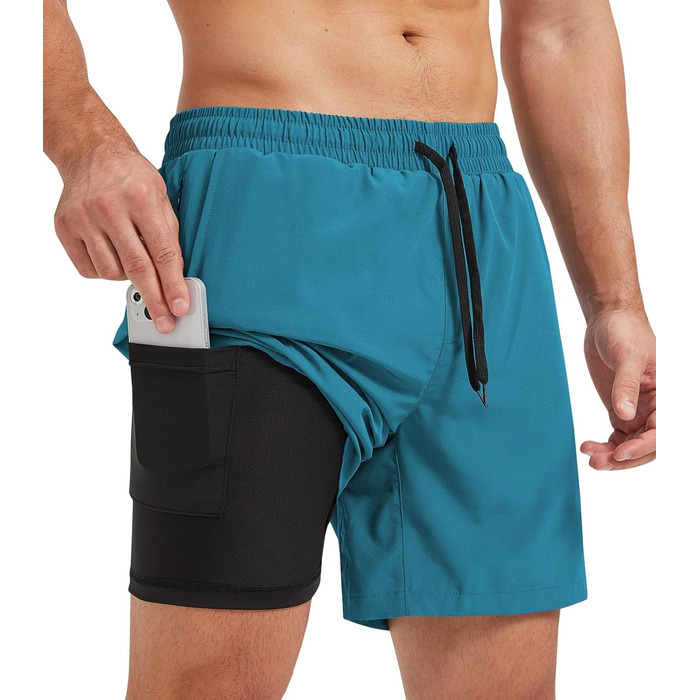 Чоловічі спортивні шорти для бігу 2-в-1, швидка сушка, короткі шорти для бігу, гімнастики, активного відпочинку, марафону, тренувань з кишенею на блискавці (S, Павіно-блакитний)