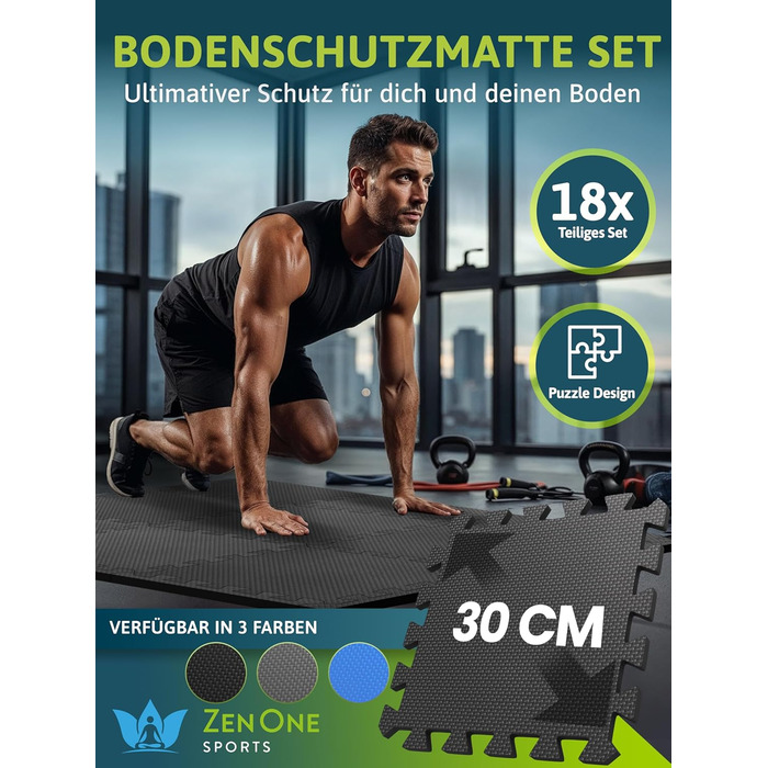 Пазл-килимок для фітнесу ZenOne Sports® 30x30x1 см (18 шт., 1.5 м²) - захисний килимок для тренажерів, чорний