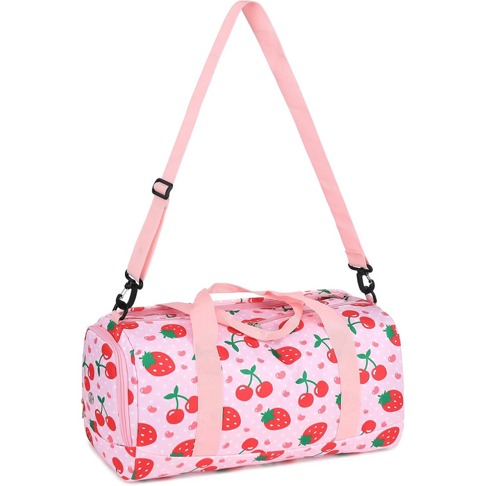 Спортивна сумка для жінок та дівчат: подорожі, фітнес, тренування. З відділенням для взуття та мокрих речей. Ягоди (полуниця, вишня), рожева