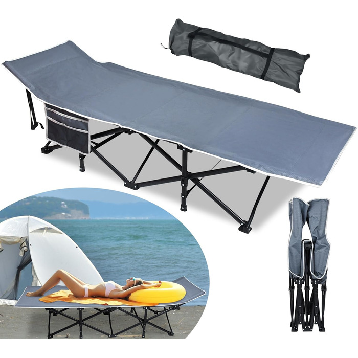 Складне кемпінгове ліжко YRHome для відпочинку на природі: надійне металеве каркас, міцна тканина Oxford 600D, з кишенею та сумкою для перенесення (190x62x38 см, до 250 кг)