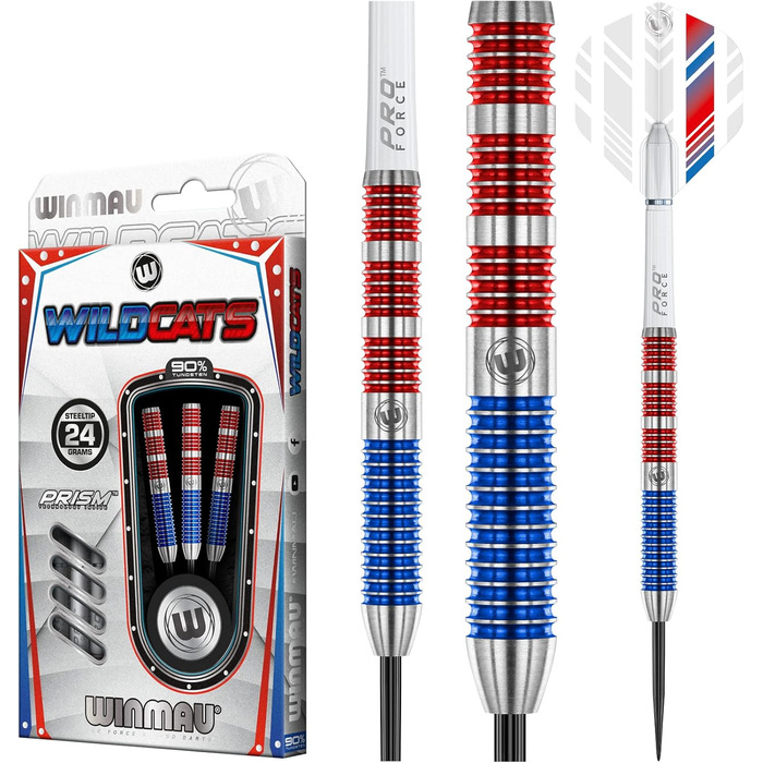 Дротики для дартсу WINMAU Wildcats 90% вольфраму 24 г з оперенням і стрижнями, призматична технологія, зважені для змагань