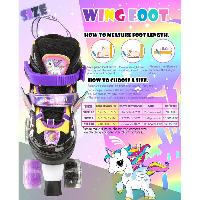 Дитячі ролики Єдиноріг для дівчаток та хлопчиків, регульовані розміри, світлові колеса, ролики-квади для початківців, чорні