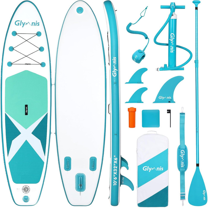 Надувний SUP Борд Glymnis Stand Up Paddle Board 10'6' (320x81x15 см) з Алюмінієвим Веслом, Насосом та Аксесуарами (Білий+Чорний)