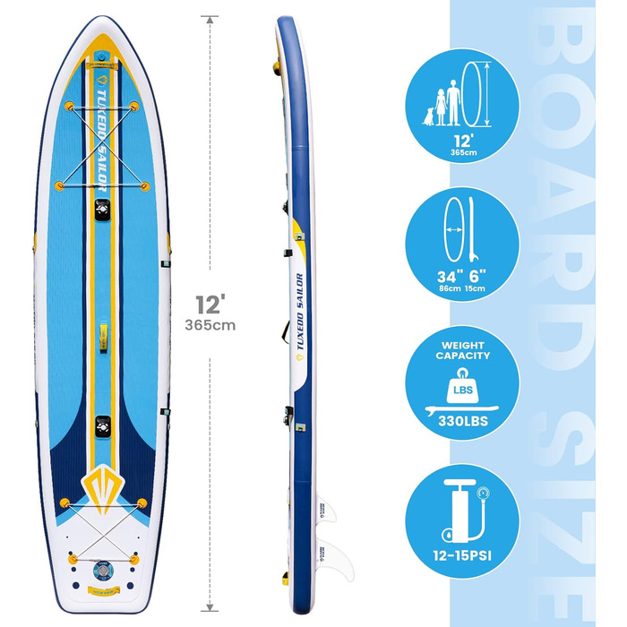 Надувна SUP-дошка Tuxedo Sailor з аксесуарами: регульоване весло, насос, рюкзак, плавник для сапбордингу