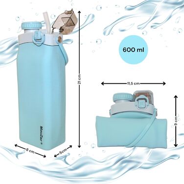 Складана пляшка для води Mauzer® з трубочкою - 600 мл, без BPA, синій. Ідеально для дітей, спорту, подорожей, кемпінгу та фестивалів.