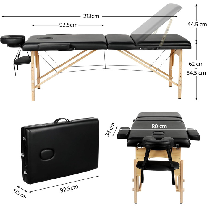 Масажний стіл Yaheetech з 3 зонами, регульована висота, з підголівником та знімними підлокітниками, чорний, 213 x 80 см