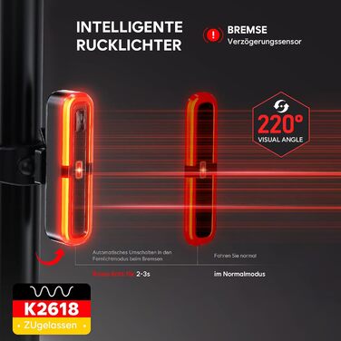 Набір велоліхтарів 100LUX: фара та задній ліхтар з гальмівним сигналом, акумулятор 3200mAh, StVZO, IPX5, для велосипеда, MTB, Ebike