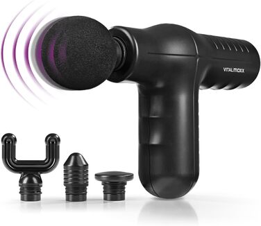 Масажний пістолет VITALmaxx з 4 насадками, акумуляторний, до 90 хв роботи, USB-C зарядка, портативний, для спорту, чорний/сріблястий