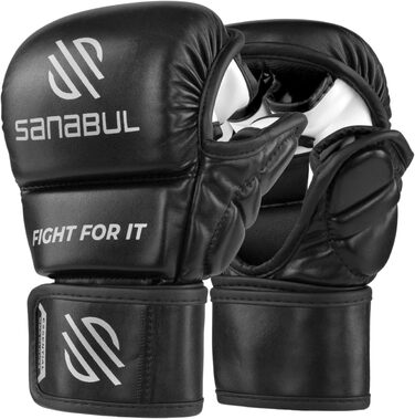 Рукавички для MMA Sanabul Essential 7oz | Тренувальні гібридні рукавички для спарингу (Чорно-срібні, S/M)