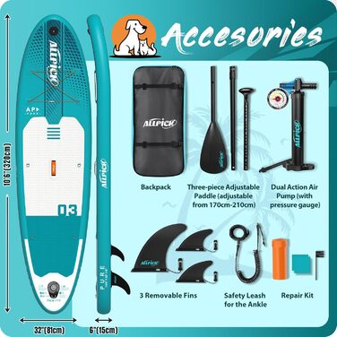 Надувний SUP-борд ALLPICK Premium Set: Комплектація для SUP-серфінгу, камера, аксесуари, регульоване весло, 200 кг, серо-зелений