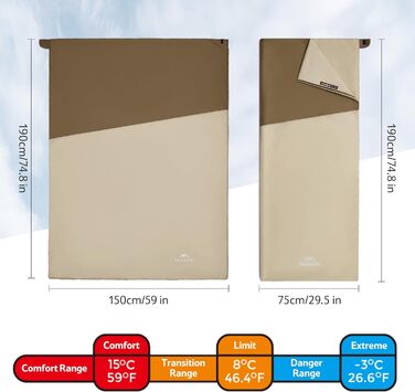 Спальний мішок Naturehike Ultraleicht – ультралегкий, 680/760g, для 3 сезонів, 190x75/205x85cm, для походу, рюкзака, кемпінгу, 15°C (Колір: темно-коричневий/світло-коричневий)