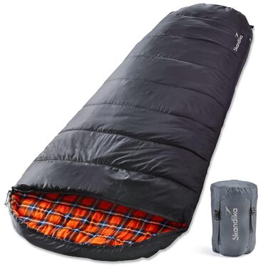 Спальний мішок Skandika Vegas Flanell XXL - для кемпінгу, 3 сезони, до -15°C, 220x110 см (Чорно-помаранчевий)