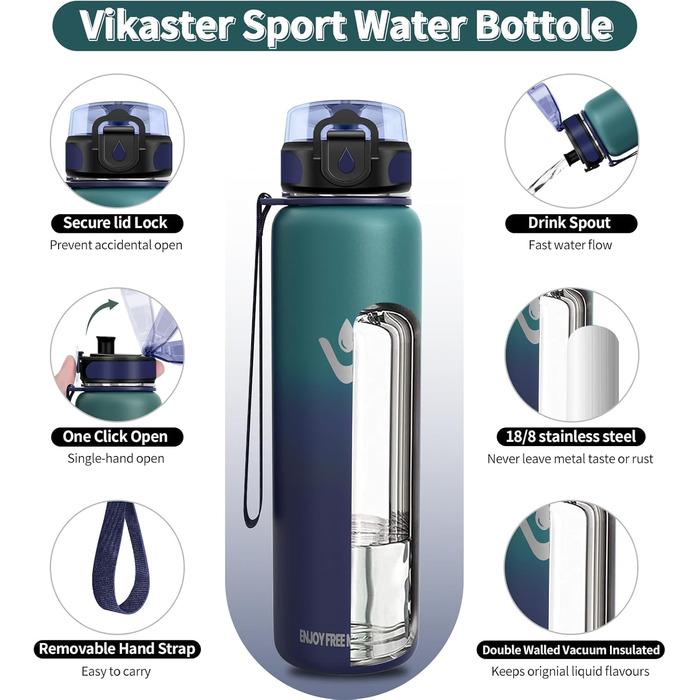 Термос-пляшка Vikaster 500 мл/1000 мл, нержавіюча сталь, BPA-Free, для спорту, подорожей, фітнесу (чорний & винно-червоний, армійсько-зелений & морський блакитний)