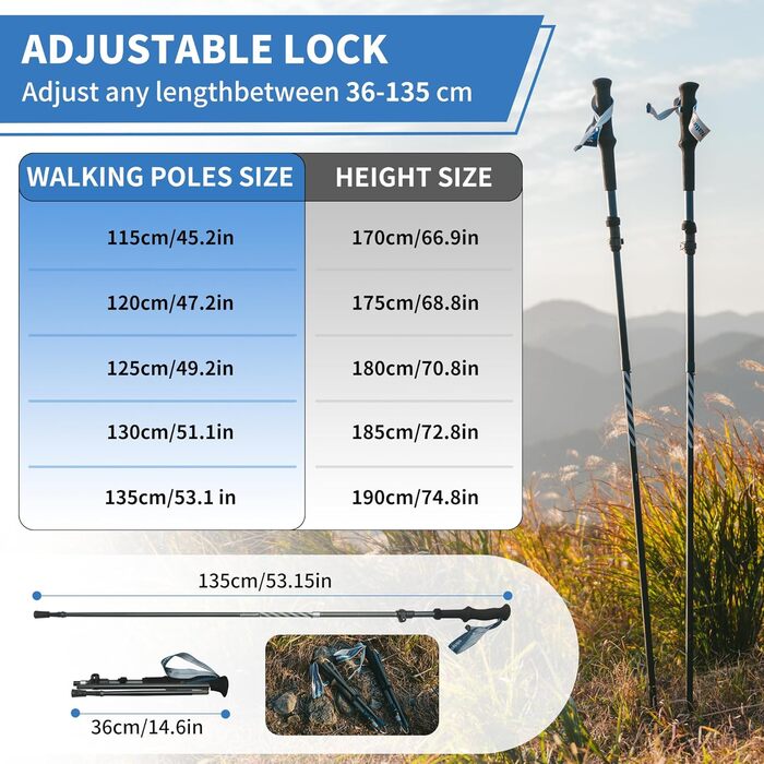 Трекінгові палиці Naturehike Ultraleicht - легкі складані палиці для піших прогулянок та трекінгу (115-135 см, алюміній 7075, чорний)