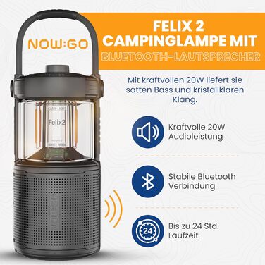 Ліхтар кемпінговий LED Felix 2 з Bluetooth колонкою, акумуляторний, водонепроникний IPX7, 360° освітлення, 20W звук, 24 год роботи, USB, чорний