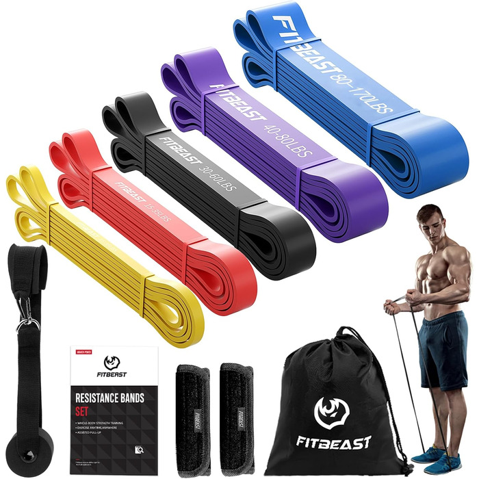 Набір еспандерів FitBeast 5 рівнів для підтягувань, кросфіту, пауерліфтингу, силових тренувань, розвитку м'язів, домашніх тренувань, розтяжки, опір 5-170 фунтів