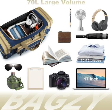 Спортивна сумка для подорожей BAGZY 70 л, велика водонепроникна дорожня сумка-даффл для залу, кемпінгу та відпустки (Жовто-синя)