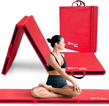 Складаний гімнастичний мат Hop-Sport 180x60x5 см, червоний, товщина 4/5 см – фітнес-мат для дому з ручками та липучкою