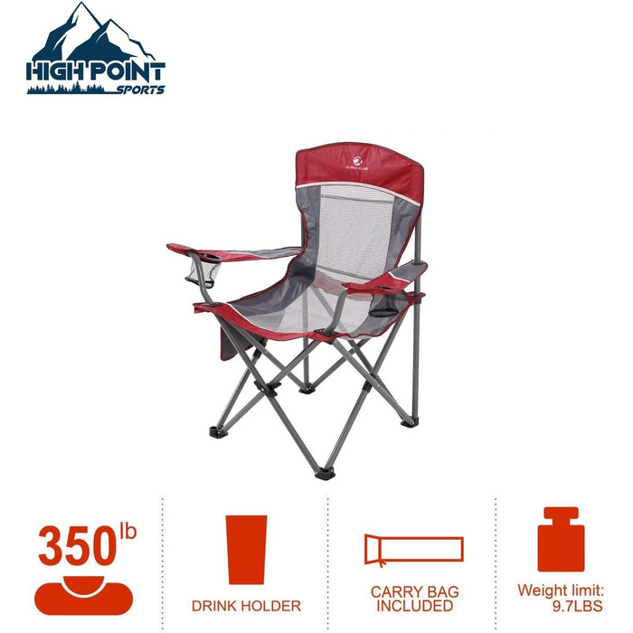 Крісло для кемпінгу High Point Sports: складне, для риболовлі, з сітчастою спинкою, 160 кг, з підлокітниками та тримачем для напоїв