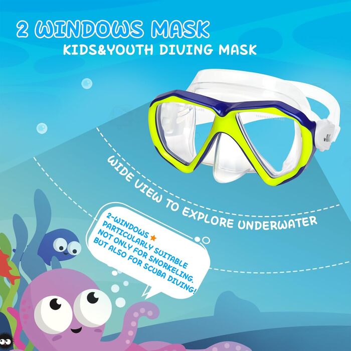 Дитячі окуляри для плавання Kinder Taucherbrille 180° Anti-Fog, жовті. Маска для снорклінгу з захистом носа та загартованим склом для хлопчиків та дівчаток 4-15 років