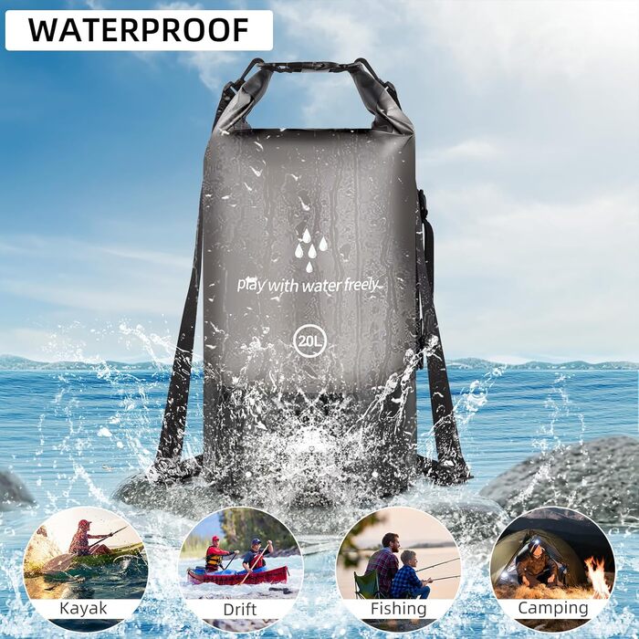 Водонепроникний мішок Drysack 20 л Roll-Top з кишенею для телефону – для каякінгу, човнів, походів, рафтингу, плавання, кемпінгу та риболовлі (Чорний)