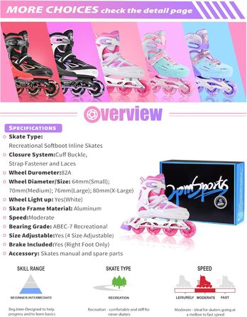 Дитячі ролики 2PM SPORTS регульовані, світні, для дівчаток/хлопчиків (біло-рожеві, X-Large(EU 42-44.5))