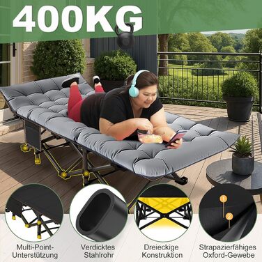 Велике розкладне ліжко з матрацом – 198x81x46 см, 400 кг, сталевий каркас, Oxford-тканина, для дорослих, сад, подорожі (Сірий)