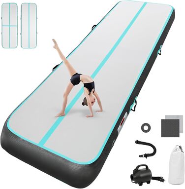 Надувна гімнастична матка Airtrack з електричним насосом. Висота 10/20 см. Довжина 2/3/4/5/6 м. Килимок для акробатики, йоги, кемпінгу, тренувань. Чорно-зелений, 500x100x20 см