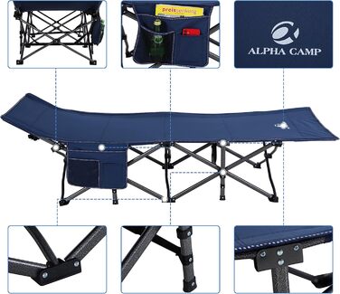 Ліжко туристичне ALPHA CAMP розкладне, XL, легке з кишенею, для кемпінгу, відпочинку на природі, пляжу та саду, блакитне