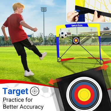 Ворота для футболу Dimples Excel Pop-Up – розкладні для дітей | Набір 1 або 2 шт. | Розміри 120x90 / 152x110 / 213x152 см | 3 кольори | З м'ячем, насосом, конусами та мішенню | Для саду та подарунка (2-120x90 блакитний+аксесуари)