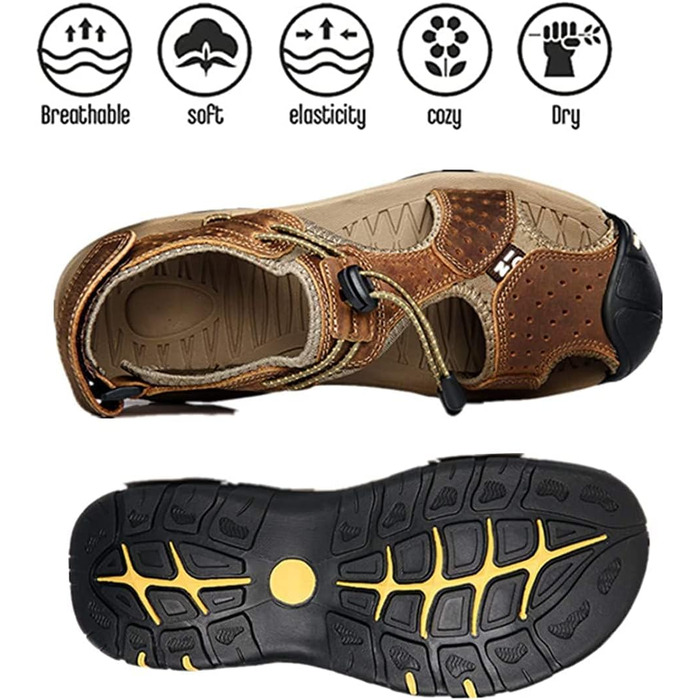 Чоловічі сандалі Asifn для хайкінгу та водних видів спорту, шкіра, закритий носок, коричневі (39/40 EU)