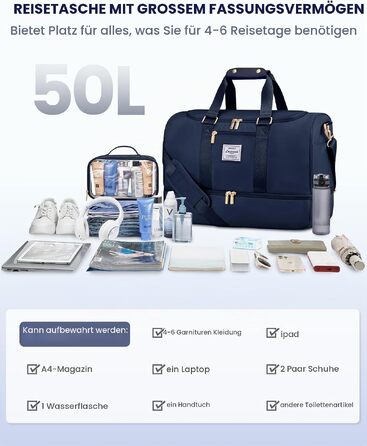 Спортивна сумка для подорожей LOVEVOOK 50L, водонепроникна дорожня сумка-вікенд з косметичкою, відділенням для взуття та вологих речей, синя