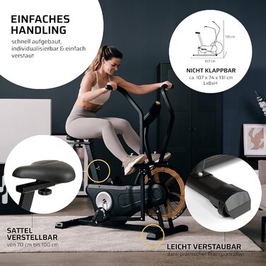 Велотренажер SportPlus Profi Air Bike з повітряним опором, сумісний з додатком, для HIIT, розумний комп'ютер, до 135 кг, чорний/жовтий