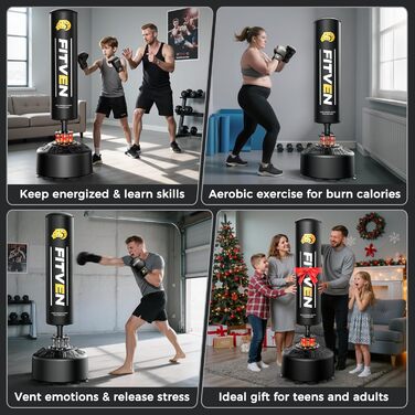 Боксерський мішок FITVEN стійкий з рукавичками, важкий, на присосках для дорослих та дітей, чорний