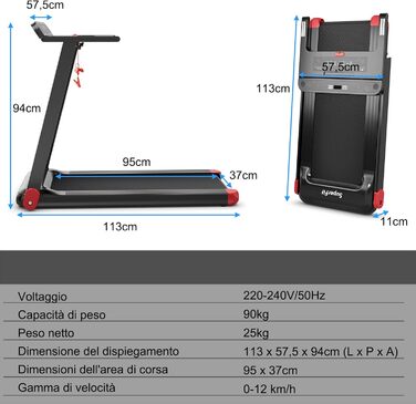 Електрична бігова доріжка COSTWAY, складна, з Bluetooth, 12 програм, LED-дисплей, тримач для пристрою, керування через додаток, швидкість 1-12 км/год, червона