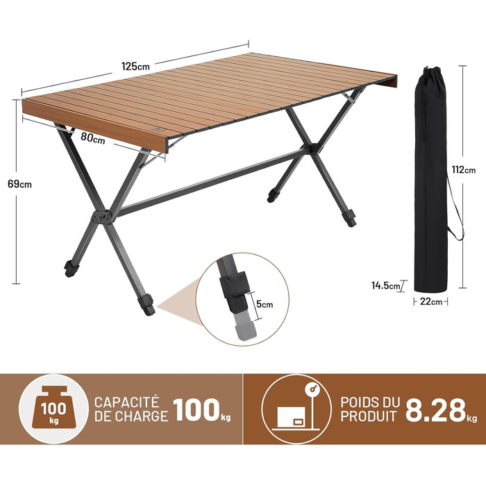 Складний кемпінговий стіл Timber Ridge 125x80 см, регульована висота, для 6 осіб, для пікніка, саду, подорожей