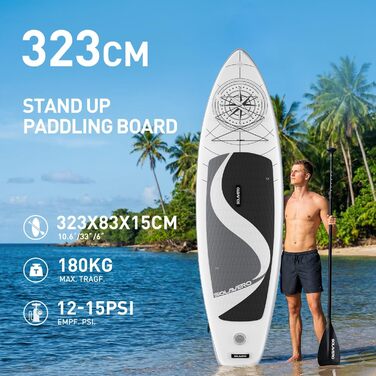 SUP дошка Solavero надувна з аксесуарами для початківців та сімей, 323x83x15 см, до 200 кг, з EVA покриттям та компасом