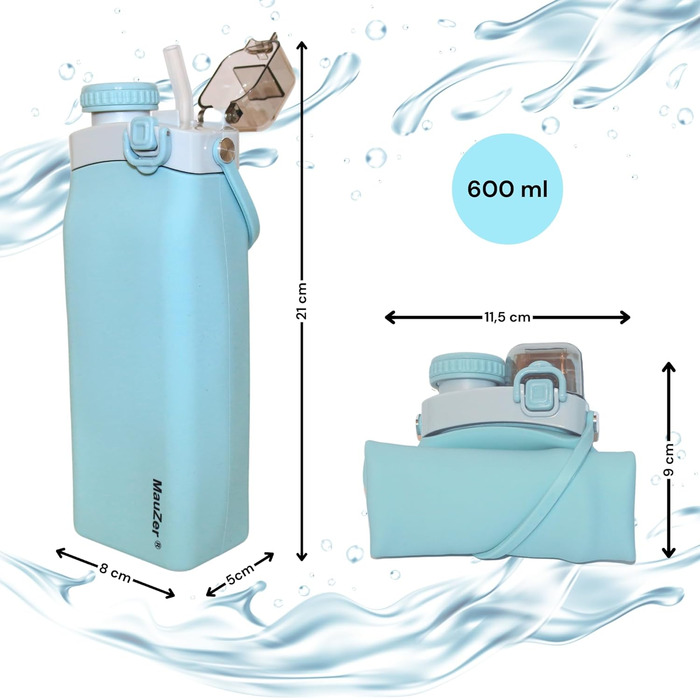 Складана пляшка для води Mauzer® з трубочкою - 600 мл, без BPA, синій. Ідеально для дітей, спорту, подорожей, кемпінгу та фестивалів.