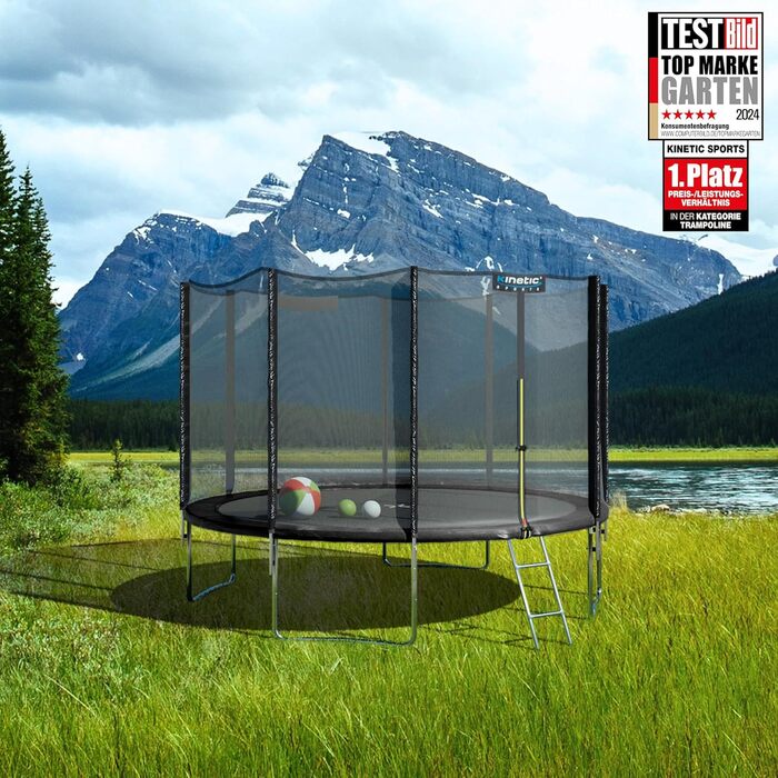 Трамплін KINETIC SPORTS Salto Plus Outdoor для дітей Ø 183/244/305/366/400/430/490 см - Комплект: пружини, сітка, захисні подушки, сходи - до 160 кг