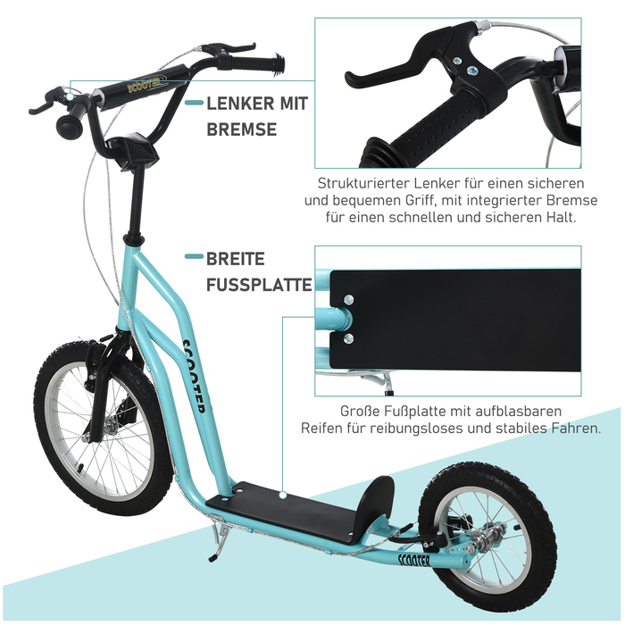 HOMCOM Scooter Scooter Kids Scooter від 5 років, Кікборд з пневматичними шинами 16/12 дюймів, Синій, 135 x 58 x 88-94 см| Аосом