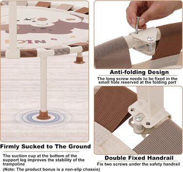 Батут дитячий для дому та саду Ø101 см з регульованою ручкою та пружинним ременем, батут для фітнесу для хлопчиків та дівчаток від 3 років, до 80 кг, бежевий