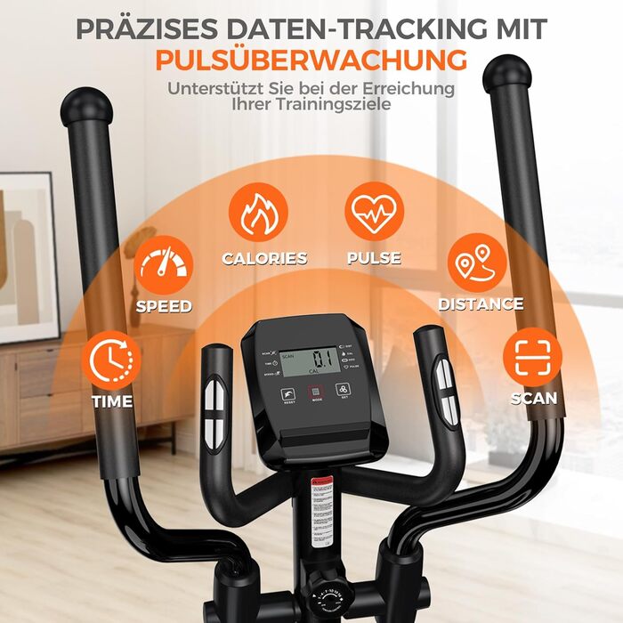 Еліптичний тренажер Pooboo 07-Basic Black з магнітною системою, LCD-монітором та кроком 15,5 дюймів. Витримує вагу до 158 кг, 16 рівнів навантаження.