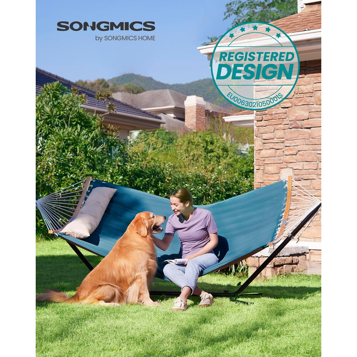 Гамак SONGMICS для 2 осіб з подушкою, сірий-бежевий, 200 x 140 см, до 225 кг, з роздільними бамбуковими стійками