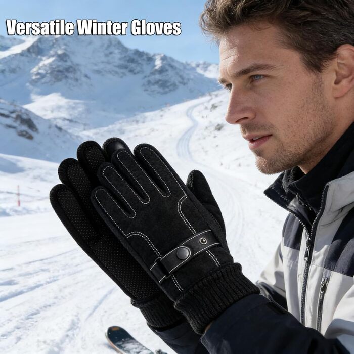 Чоловічі зимові рукавички KXF з шкіри, теплі, з флісовою підкладкою, вітронепроникні, для їзди на велосипеді, водіння, бігу, кемпінгу, походів, чорні, регульовані