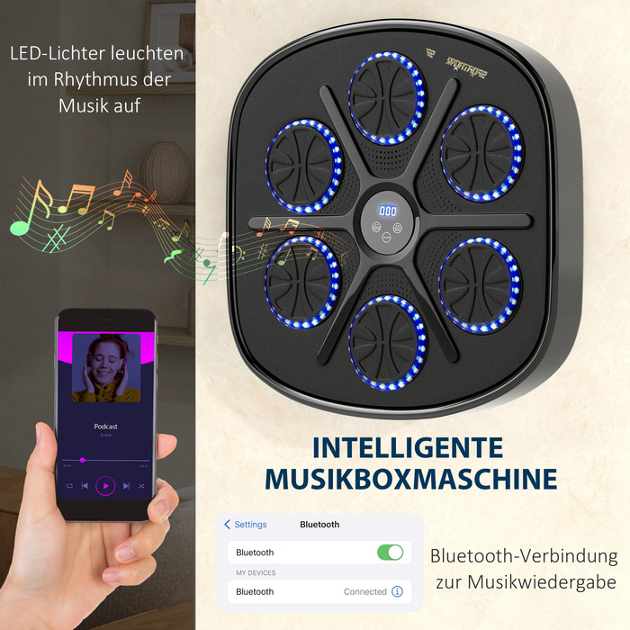 Спортивний Музичний Боксер: Ритмічна тренувальна машина з 9 режимами, Bluetooth, світлодіодними підсвічуванням та боксерськими рукавичками. Чорний колір.