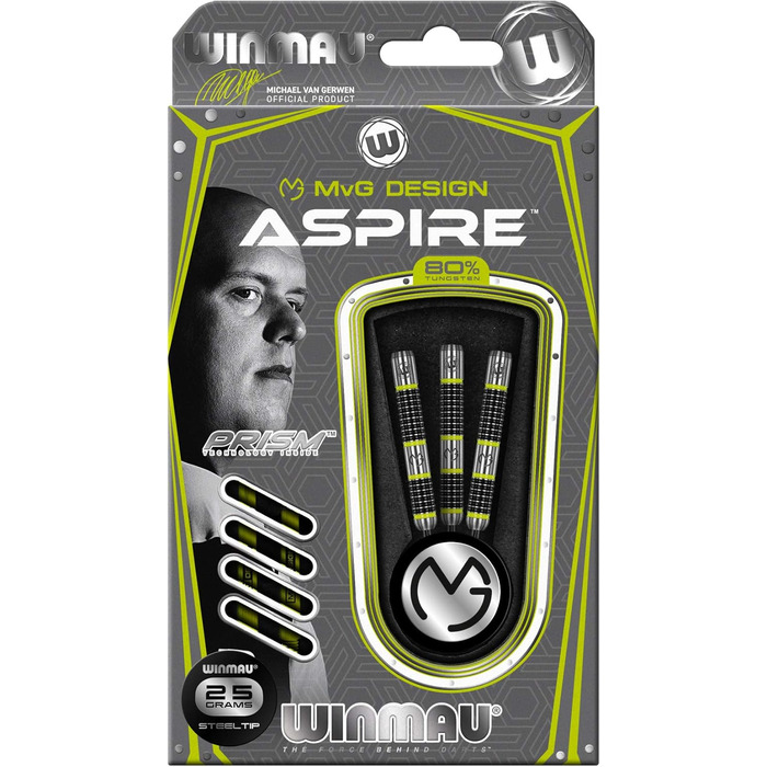 Дротики WINMAU Michael Van Gerwen MvG Aspire, вольфрамові, сталевий наконечник, з призмовими крилами та нейлоновими хвостовиками, 25 г