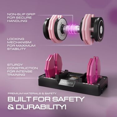 Регульовані гантелі OVEL 4YFIT 5-в-1 (2-10 кг), швидке налаштування ваги, металевий антиковзний руків'я, компактний дизайн з рожевими градієнтами, ідеально для жінок