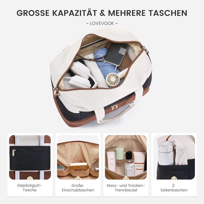 Сумка-вихідні LOVEVOOK для жінок, клінічна сумка, валіза ручної поклажі, легка лікарняна сумка, містка дорожня сумка-мішок з відділенням для взуття та косметичка, спортивна сумка для подорожей (B-чорний, бежевий, коричневий, 52x38x25 см (50 л))